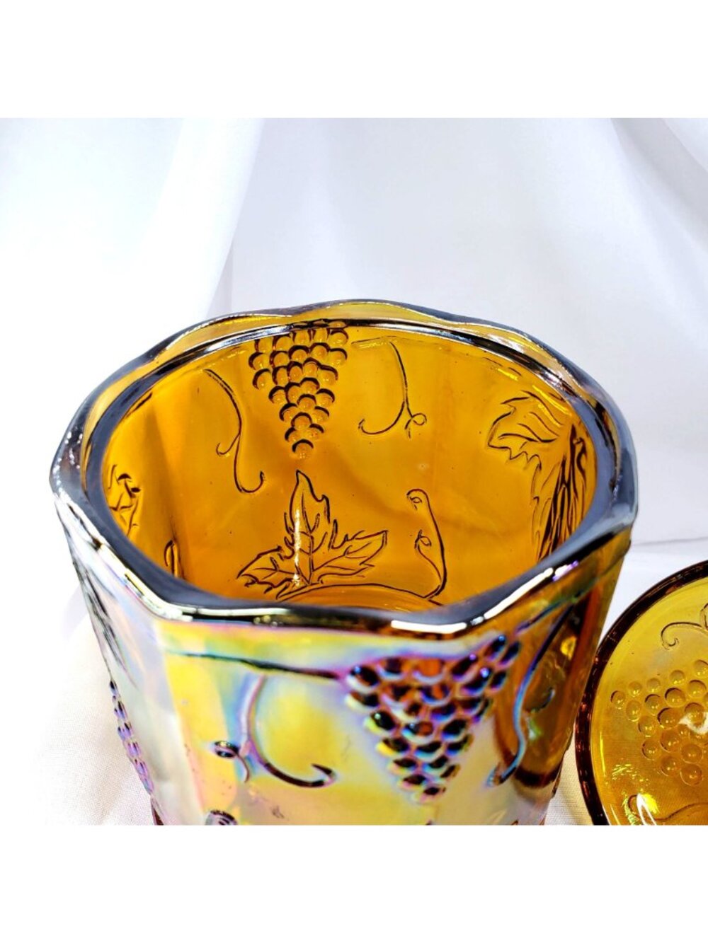 VTG Marigold Carnival Glass Canister Jar & Lid 7" Harvest Grape Indiana Glass - Picture 8 of 16